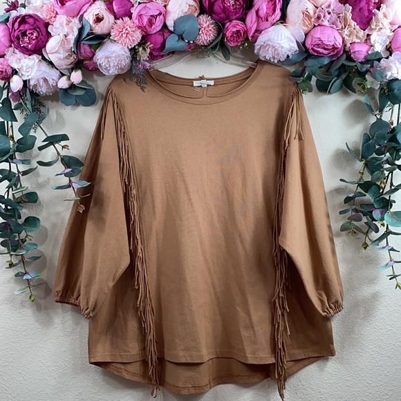 •easel• Tan {100% COTTON} Heavyweight long-sleeved Shirt w/ Front Fringe Detail - Picture 4 of 13